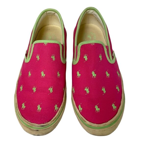 POLO RALPH LAUREN Canvas Sneakers Size 9 Pink Green Logo Loafers Slip ons Womens - Picture 2 of 12